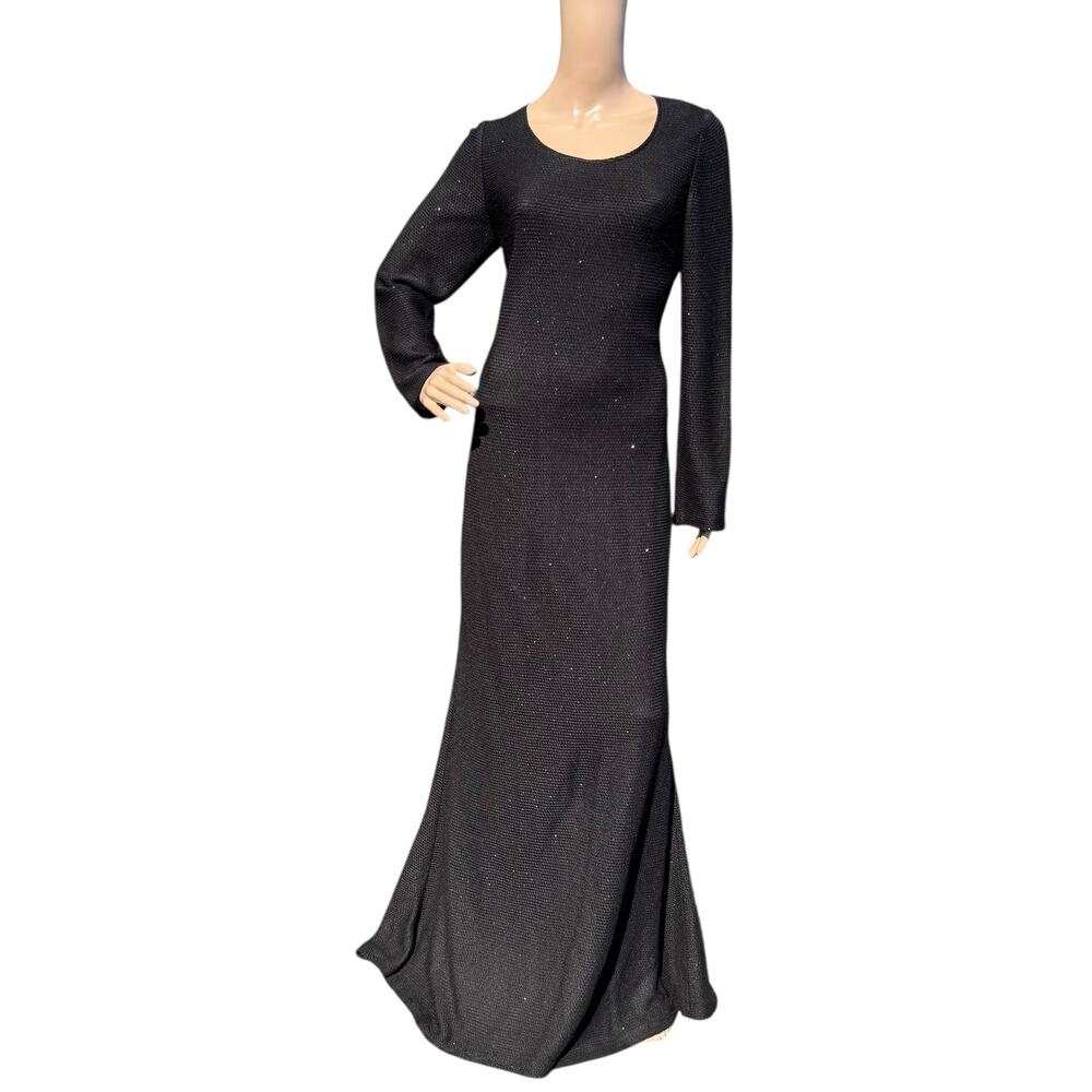 ST JOHN Sequin Knit Backless Evening Gown Black Silk Lined Maxi Dress RT19 Sz 12